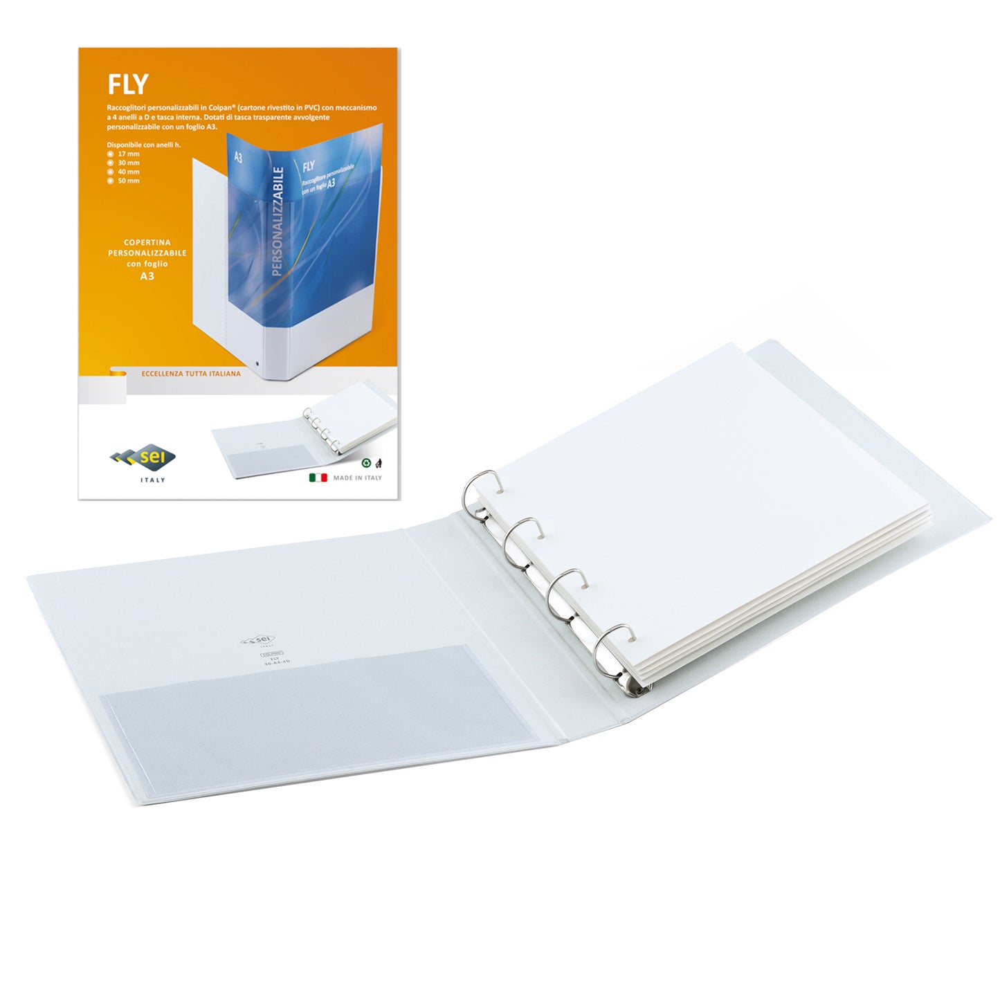 Raccoglitore personalizzabile Fly - 22 x 30 cm - 4 anelli a D 50 mm - dorso 7,5 cm - bianco - Sei Rota