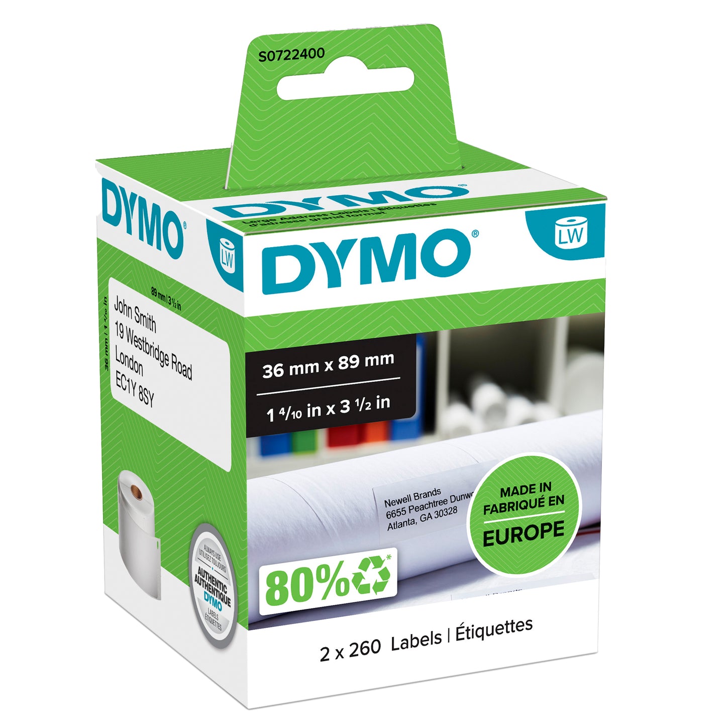 Rotolo 260 etichette LW 990120 - 36 x 89 mm - carta - indirizzi estesi - bianco - Dymo - conf. 2 rotoli