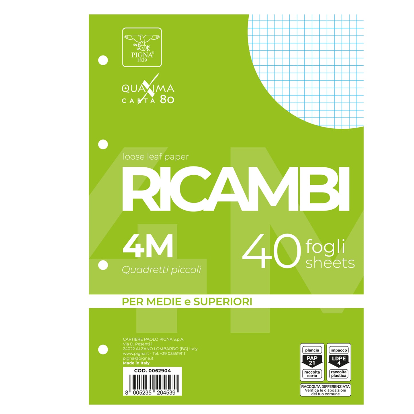 Ricambi forati Quaxima - A4 - 4 mm - 80 gr - Pigna - conf. 40 pezzi