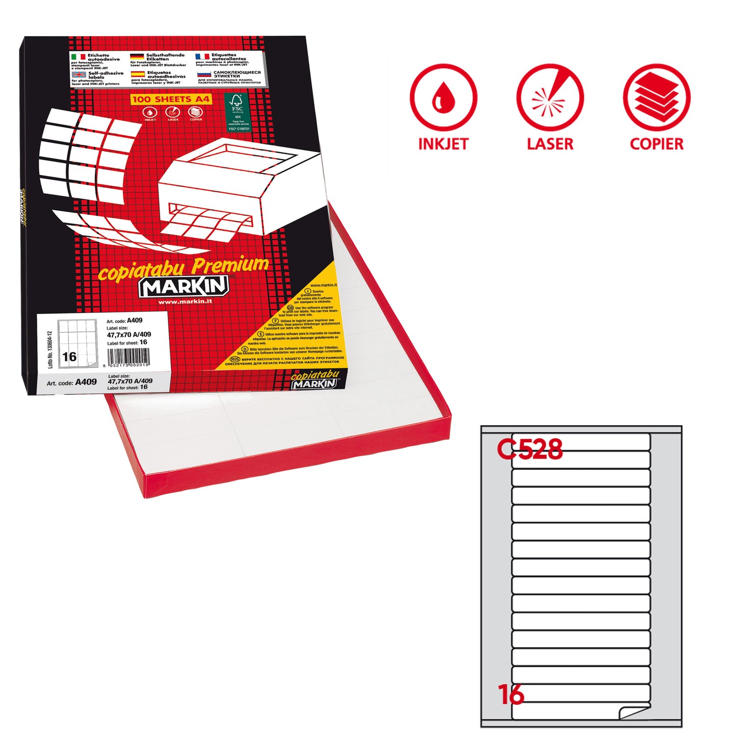 Etichette adesive C/528 - in carta - permanenti - 145 x 17 mm - 16 et/fg - 100 fogli - bianco - angoli tondi - Markin