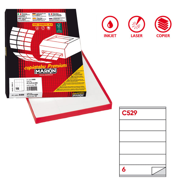 Etichette adesive C/529 - in carta - permanenti - 210 x 48 mm - 6 et/fg - 100 fogli - bianco - Markin