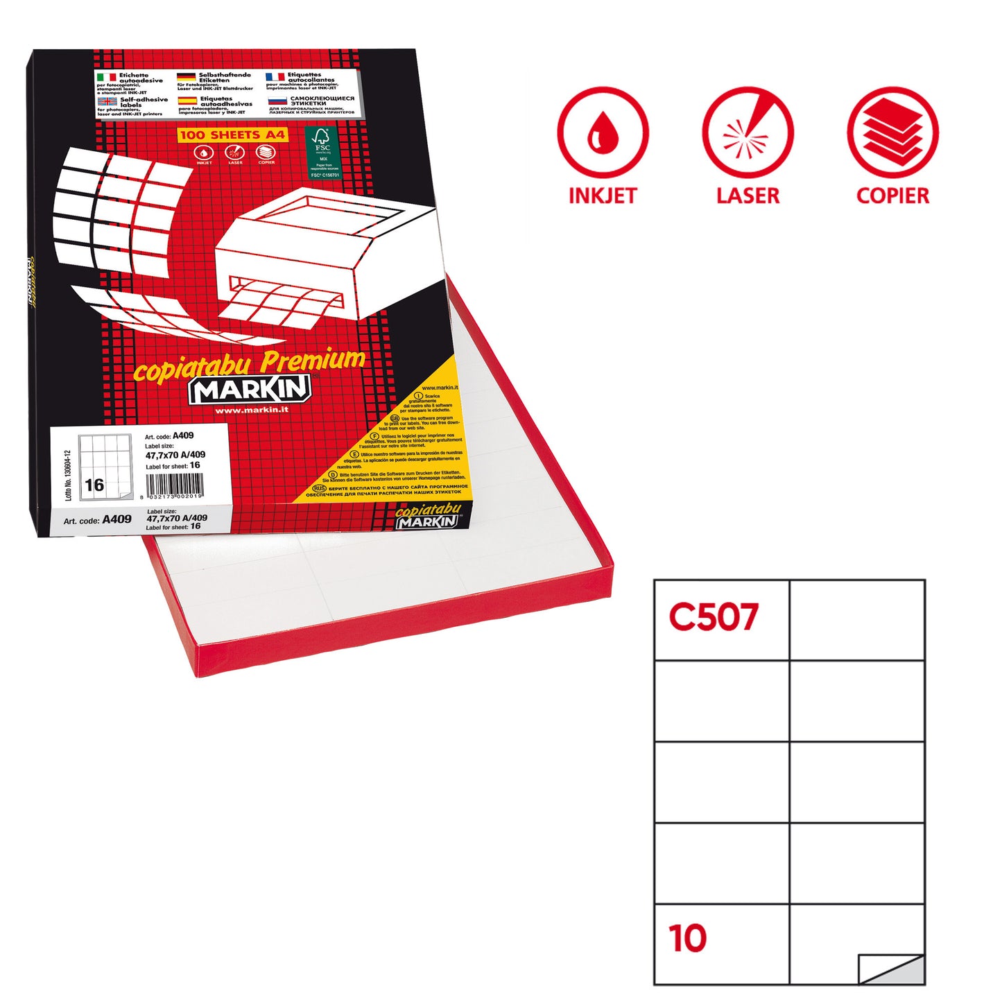 Etichette adesive C/507 - in carta - permanenti - 105 x 59 mm - 10 et/fg - 100 fogli - bianco - Markin