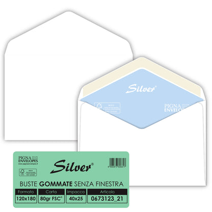 Busta Busta Silver Matic FSC - senza finestra - gommata - 12 x 18 cm - 80 gr -  bianco - Pigna Envelopes - conf. 25 pezzi