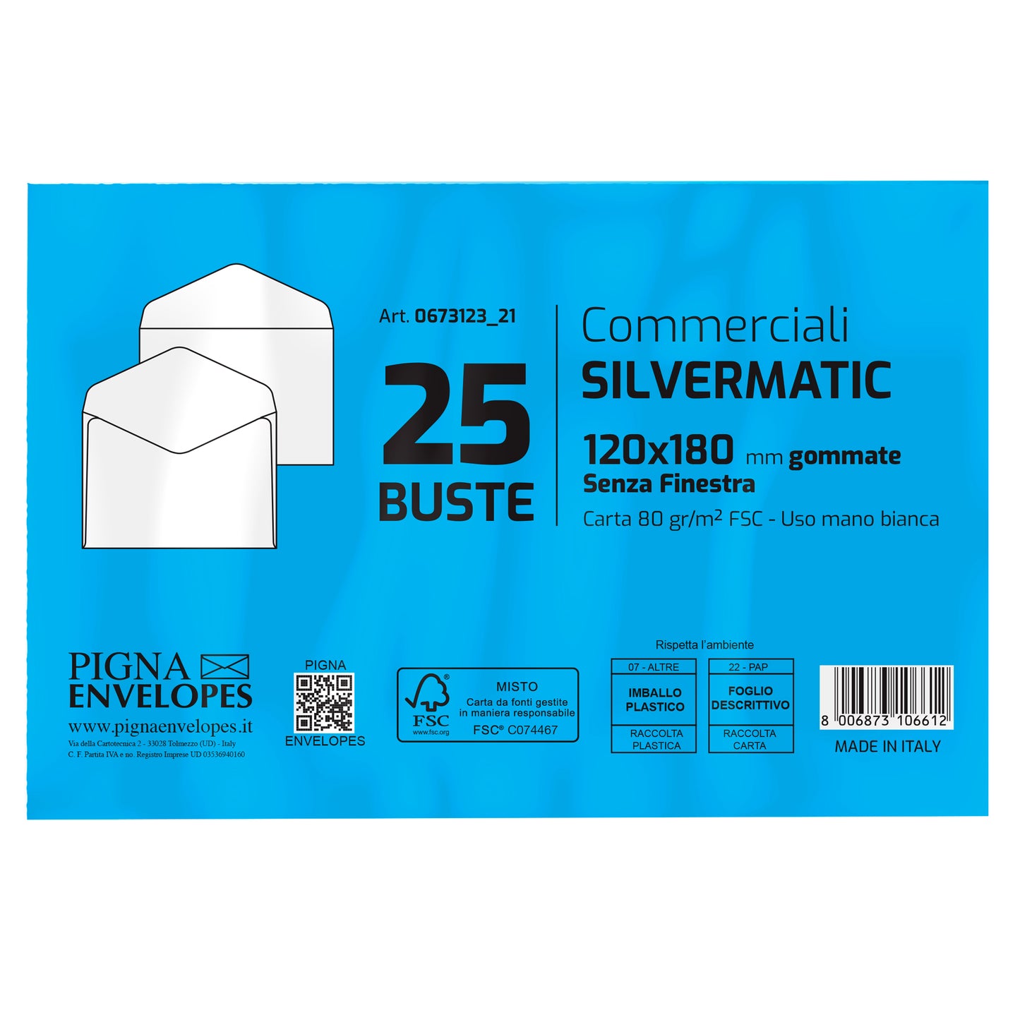 Busta Busta Silver Matic FSC - senza finestra - gommata - 12 x 18 cm - 80 gr -  bianco - Pigna Envelopes - conf. 25 pezzi