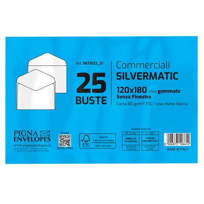 Busta Busta Silver Matic FSC - senza finestra - gommata - 12 x 18 cm - 80 gr -  bianco - Pigna Envelopes - conf. 25 pezzi