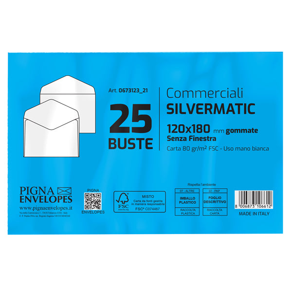 Busta Busta Silver Matic FSC - senza finestra - gommata - 12 x 18 cm - 80 gr -  bianco - Pigna Envelopes - conf. 25 pezzi
