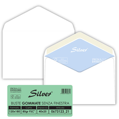 Busta Busta Silver Matic FSC - senza finestra - gommata - 12 x 18 cm - 80 gr -  bianco - Pigna Envelopes - conf. 25 pezzi
