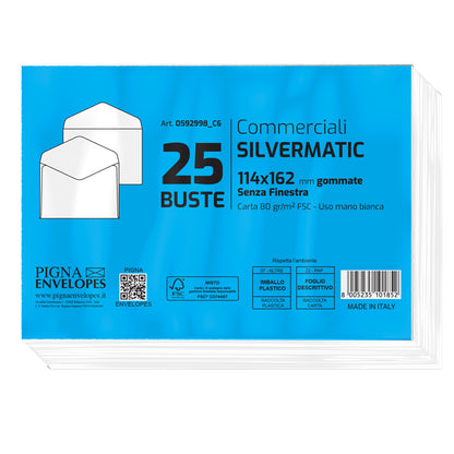 Busta Busta Silver Matic FSC - senza finestra - gommata - 11,4 x 16,2 cm - 80 gr -  bianco - Pigna Envelopes - conf. 25 pezzi