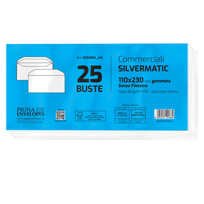 Busta Busta Silver Matic FSC - senza finestra - gommata - 11 x 23 cm - 80 gr -  bianco - Pigna Envelopes - conf. 25 pezzi