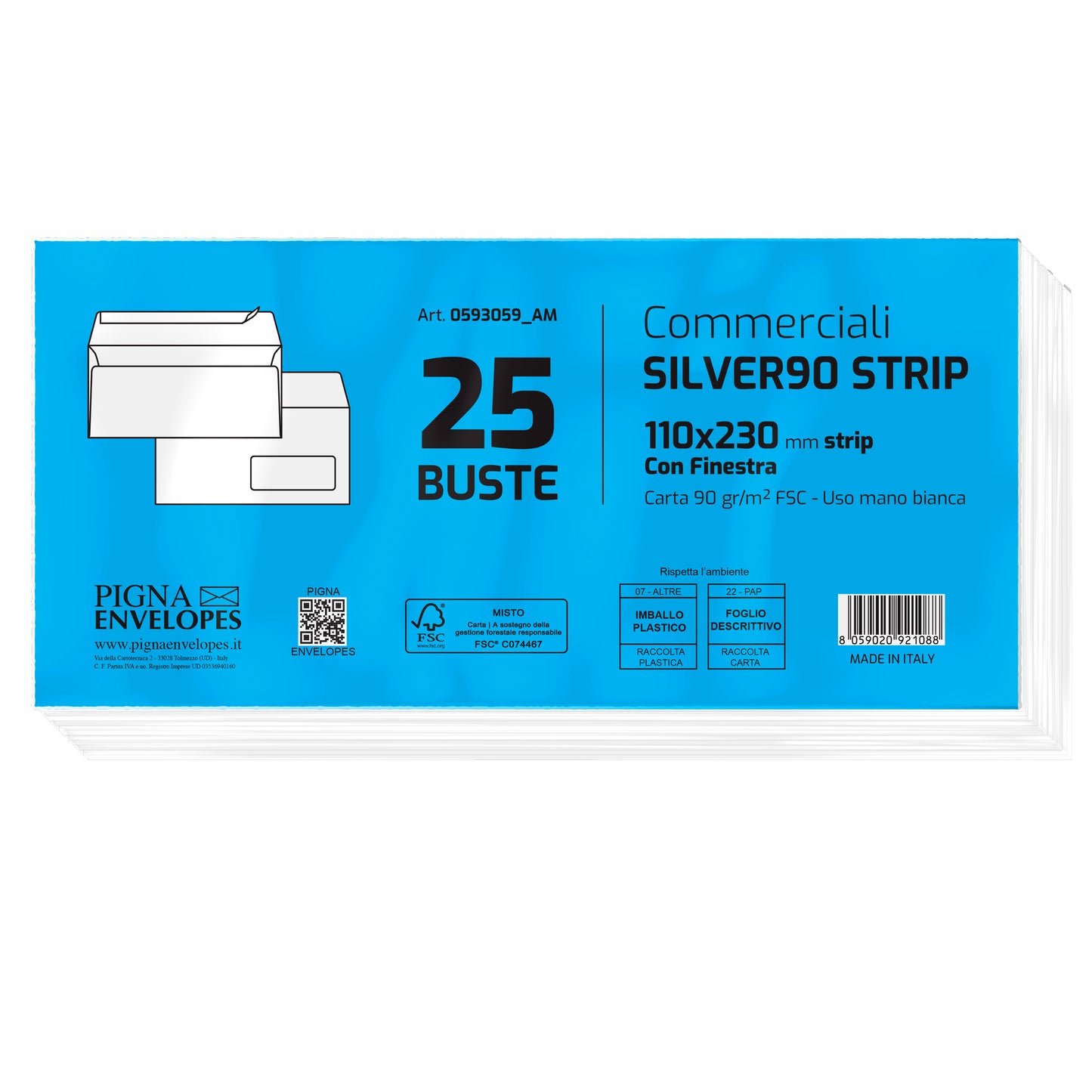 Busta SILVER90 STRIP FSC - bianca - internografata - con finestra - 110 x 230 mm - 90 gr - Pigna Envelopes - conf. 25 pezzi