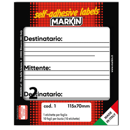 Etichette adesive - in carta - permanenti - 115 x 70 mm - 2 et/fg - 10 fogli - mittente/destinatario - bianco - Markin