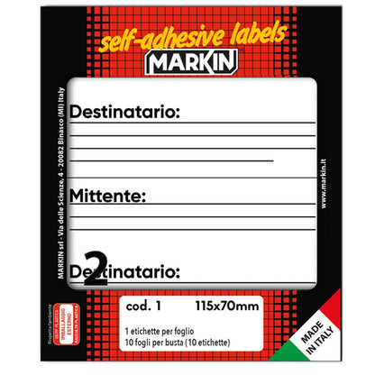 Etichette adesive - in carta - permanenti - 115 x 70 mm - 2 et/fg - 10 fogli - mittente/destinatario - bianco - Markin