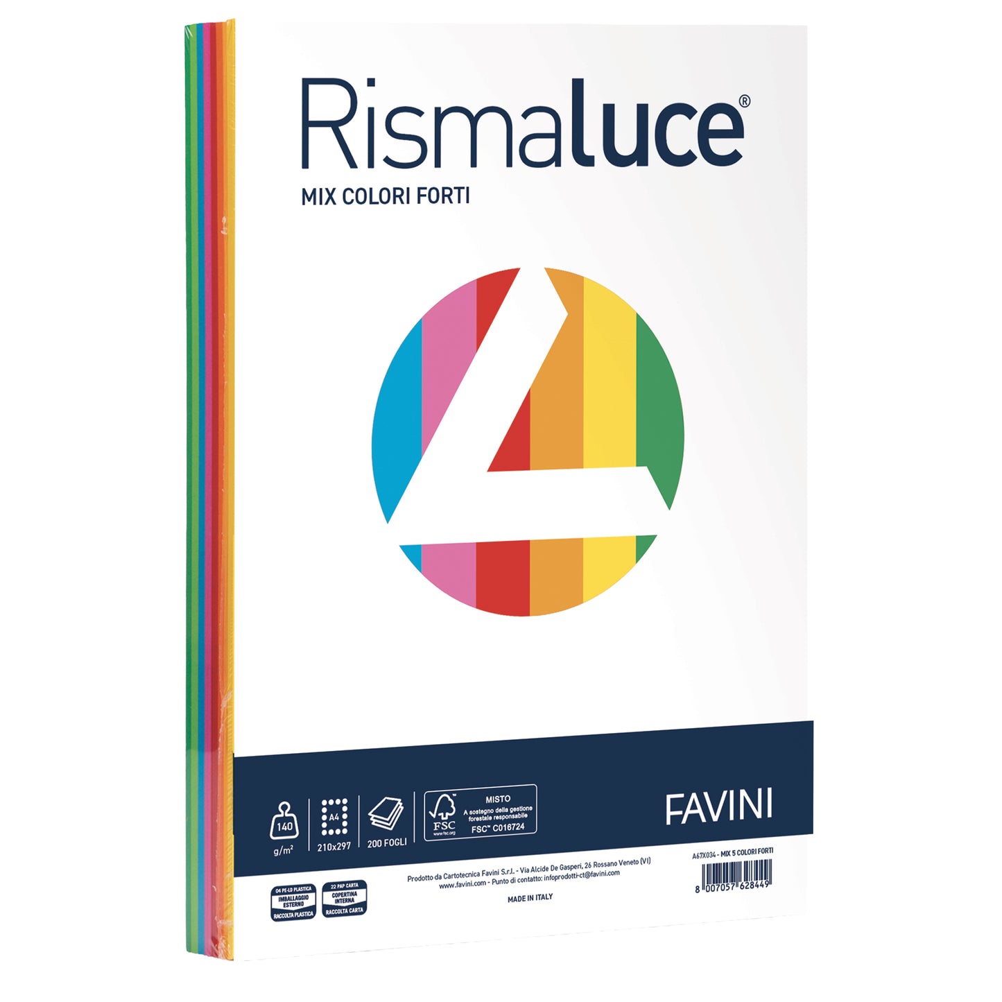 Carta Rismaluce - A4 - 140 gr - mix 6 colori - Favini - conf. 200 fogli