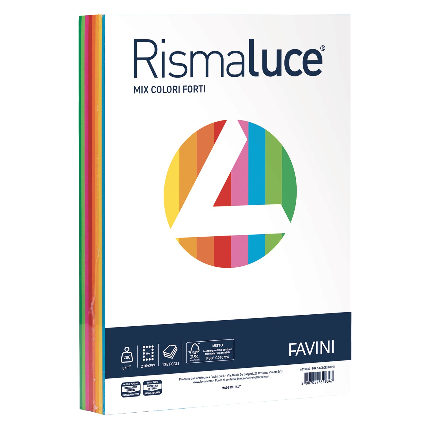 Carta Rismaluce - A4 - 200 gr - mix 8 colori - Favini - conf. 125 fogli