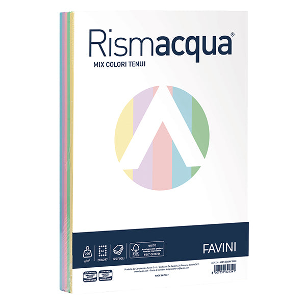 Carta Rismacqua - A3 - 200 gr - mix 5 colori - Favini - conf. 125 fogli
