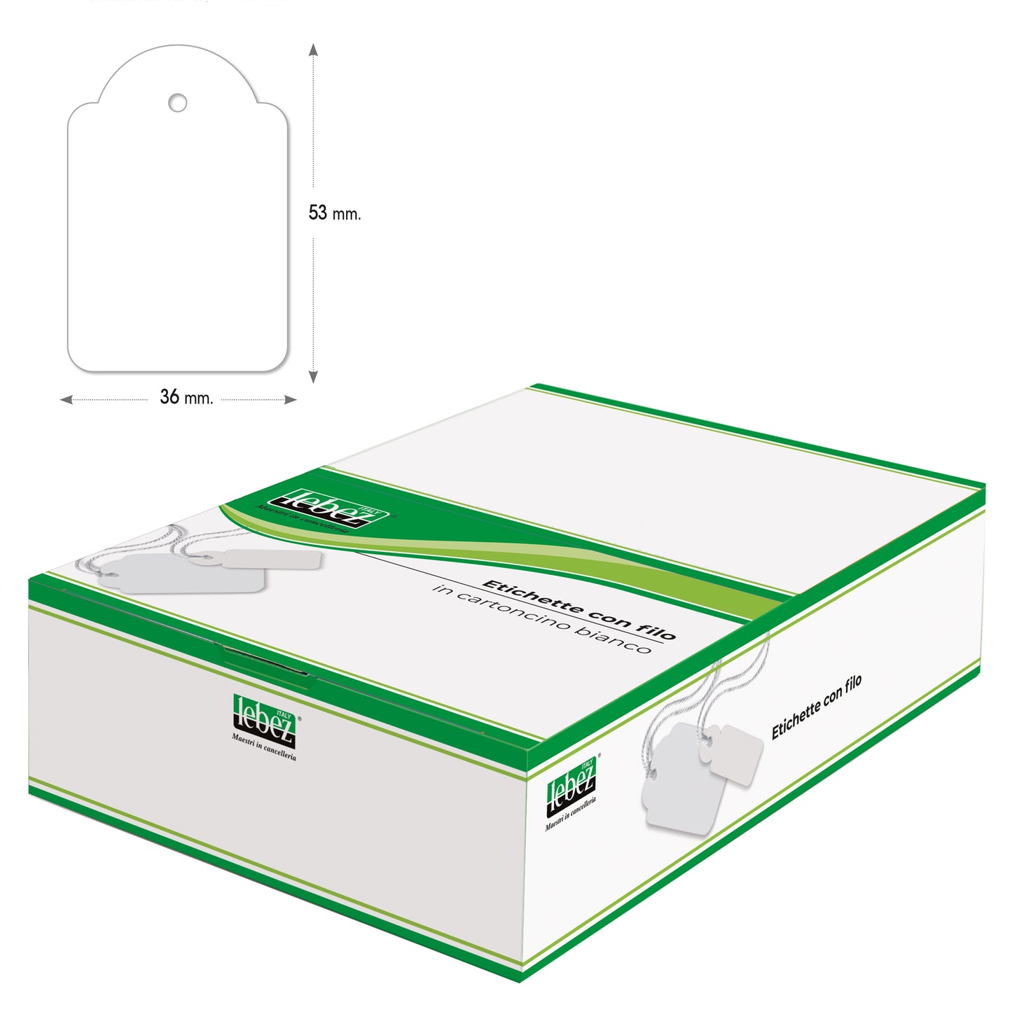 Etichette con filo A392 - 36 x 53 mm - bianco - Lebez - conf. 500 pezzi