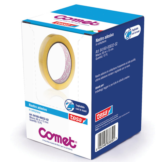 Nastro adesivo - confezionato singolarmente - 15 mm x 66 m - cellophane - trasparente - Comet