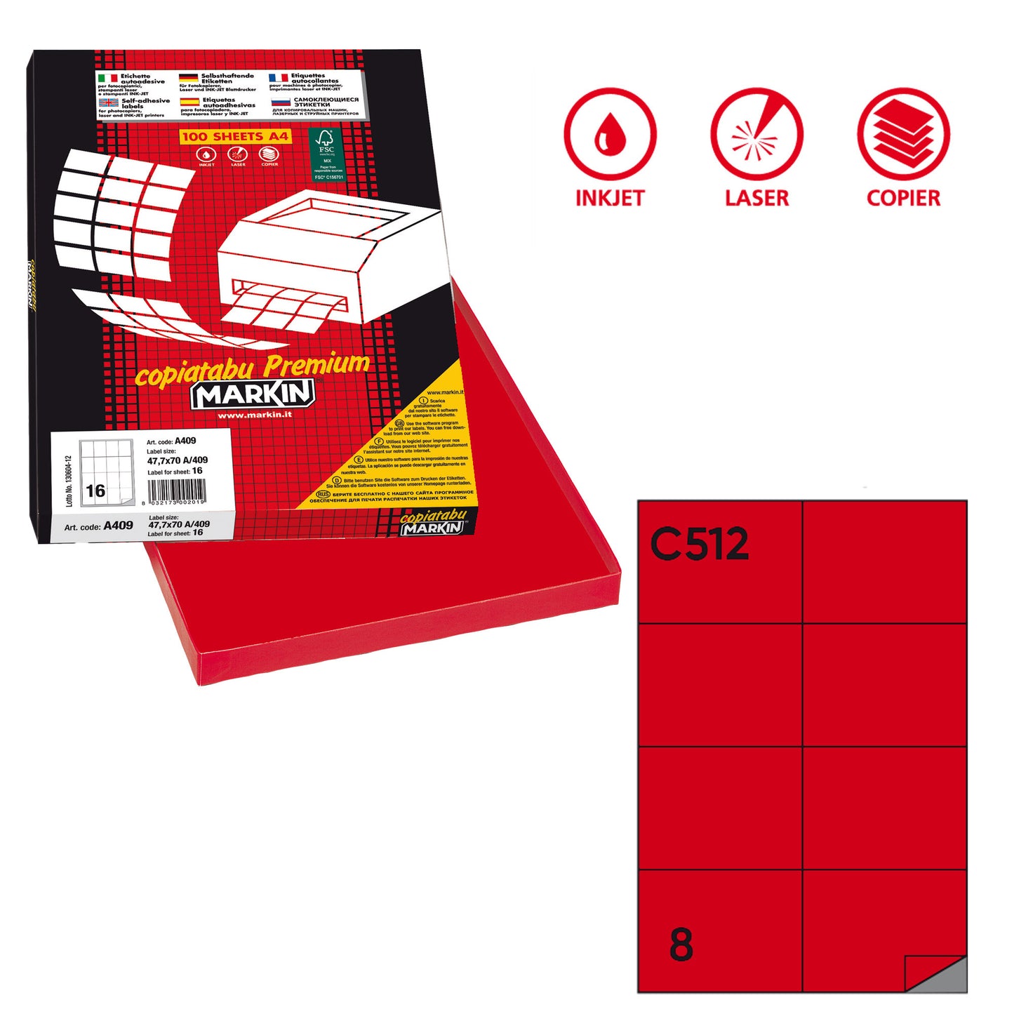 Etichette adesive C/512 - in carta - permanenti - 105 x 74,25 mm - 8 et/fg - 100 fogli  - rosso - Markin