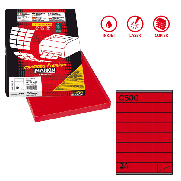 Etichette adesive C/500 - in carta - permanenti - 70 x 36 mm - 24 et/fg - 100 fogli - rosso - Markin