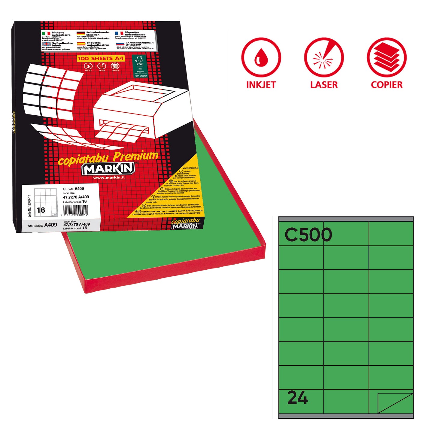 Etichette adesive C/500 - in carta - permanenti - 70 x 36 mm - 24 et/fg - 100 fogli - verde - Markin