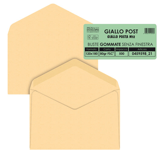 Busta Giallo Postale - gommata - 12 x 18 cm - 80 gr - carta riciclata FSC - giallo - Pigna Envelopes - conf. 500 pezzi