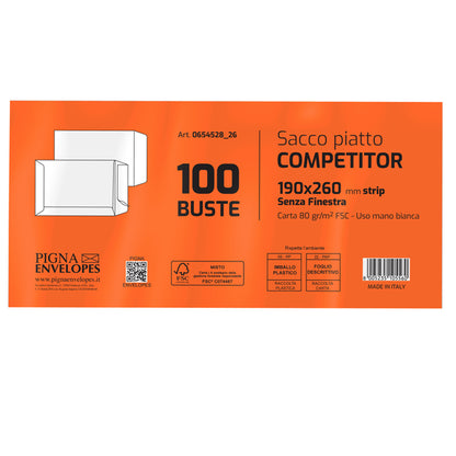 Busta a sacco Competitor FSC - strip adesivo - 19 x 26 cm - 80 gr - bianco - Pigna Envelopes - conf. 100 pezzi