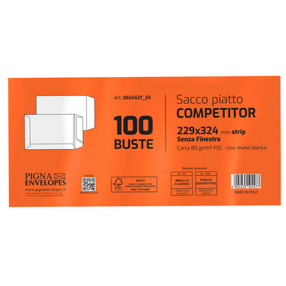 Busta a sacco Competitor FSC - strip adesivo - 23 x 33 cm - 80 gr - bianco - Pigna Envelopes - conf. 100 pezzi