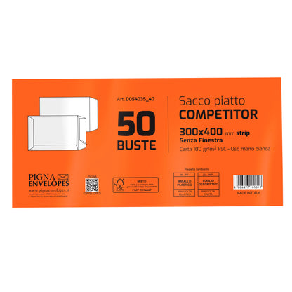Busta a sacco Competitor FSC - strip adesivo - 30 x 40 cm - 80 gr - bianco - Pigna Envelopes - conf. 50 pezzi