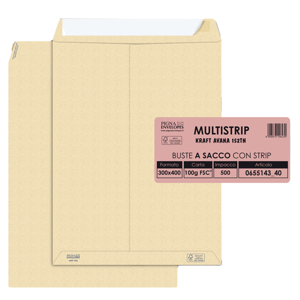 Busta a sacco Multi Strip - strip adesivo - 30 x 40 cm - 100 gr - carta riciclata FSC - avana - Pigna Envelopes - conf. 500 pezzi