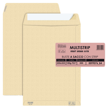 Busta a sacco Multi Strip - strip adesivo - 25 x 35,3 cm - 100 gr - carta riciclata FSC - avana - Pigna Envelopes - conf. 500 pezzi