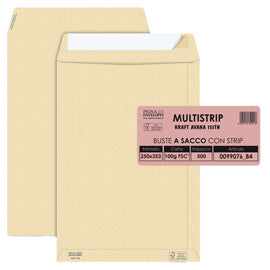 Busta a sacco Multi Strip - strip adesivo - 25 x 35,3 cm - 100 gr - carta riciclata FSC - avana - Pigna Envelopes - conf. 500 pezzi