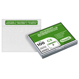 Busta adesiva Speedy Doc - con stampa "contiene documenti" - C5 (23 x 16,5 cm) - LDPE - trasparente - Favorit - conf. 100 pezzi