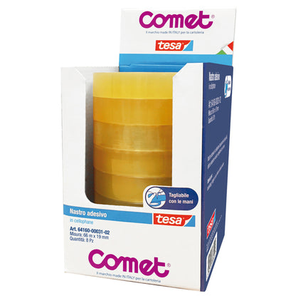 Nastro adesivo - confezionato singolarmente - 19 mm x 66 m - cellophane - trasparente - Comet