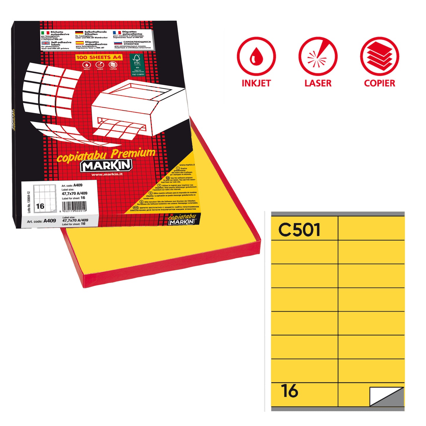 Etichette adesive C/501 - in carta - permanenti - 105 x 36 mm - 16 et/fg - 100 fogli - giallo - Markin