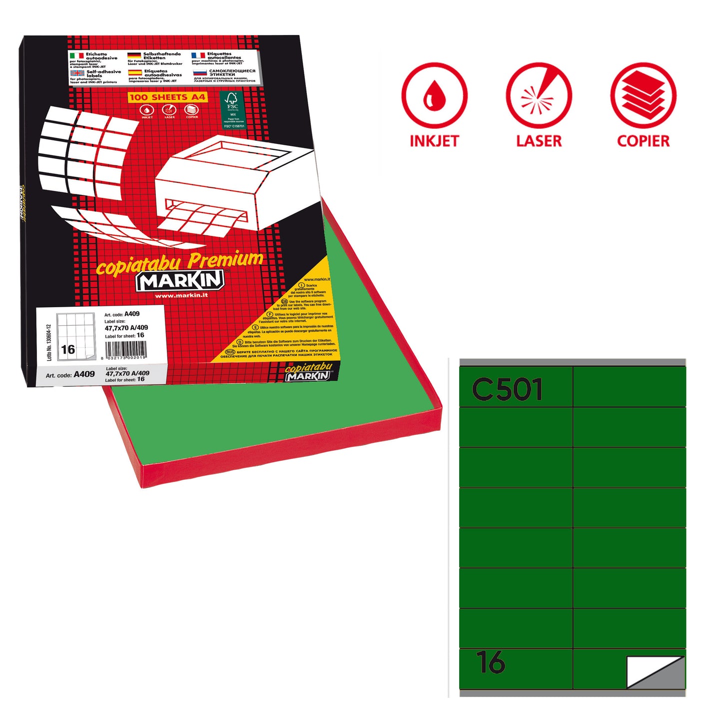 Etichette adesive C/501 - in carta - permanenti - 105 x 36 mm - 16 et/fg - 100 fogli - verde - Markin