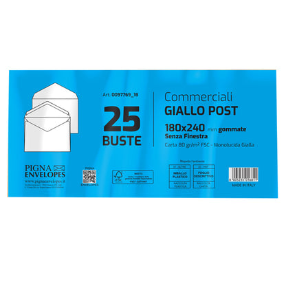 Busta Giallo Postale - gommata - 18 x 24 cm - 80 gr - carta riciclata FSC - giallo - Pigna Envelopes - conf. 25 pezzi