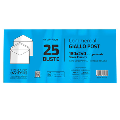 Busta Giallo Postale - gommata - 18 x 24 cm - 80 gr - carta riciclata FSC - giallo - Pigna Envelopes - conf. 25 pezzi