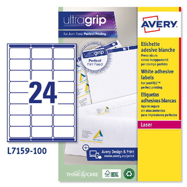 Etichette adesive L7159 - in carta - angoli arrotondati - laser - permanenti - 63,5 x 33,9 mm - 24 et/fg - 100 fogli - bianco - Avery