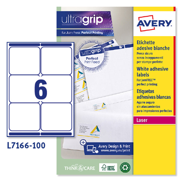 Etichette adesive L7166 - in carta - angoli arrotondati - laser - permanenti - 99,1 x 93,1 mm - 6 et/fg - 100 fogli - bianco - Avery