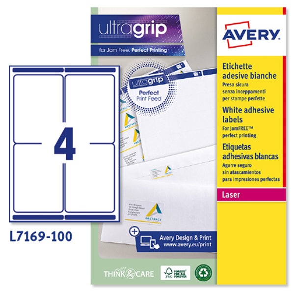 Etichette adesive L7169 - in carta - angoli arrotondati - laser - permanenti - 99,1 x 139 mm - 4 et/fg - 100 fogli - bianco - Avery