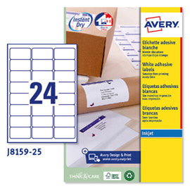 Etichette adesive J8159 - in carta - angoli arrotondati - inkjet - permanenti - 63,5 x 33,9 mm - 24 et/fg - 25 fogli - bianco - Avery