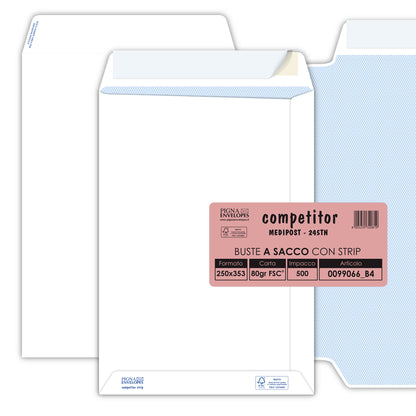Busta a sacco Competitor FSC - strip adesivo - 25 x 35,3 cm - 80 gr - bianco - Pigna Envelopes - conf. 500 pezzi