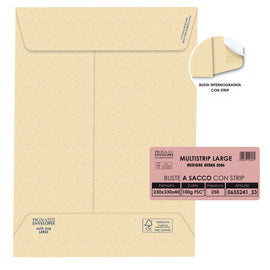 Busta a sacco Multi Strip Large - soffietti laterali - strip adesivo - 23 x 33 x 4 cm - 100 gr - carta riciclata FSC  - avana - Pigna Envelopes - conf. 250 pezzi
