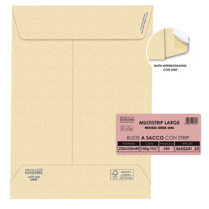 Busta a sacco Multi Strip Large - soffietti laterali - strip adesivo - 23 x 33 x 4 cm - 100 gr - carta riciclata FSC  - avana - Pigna Envelopes - conf. 250 pezzi