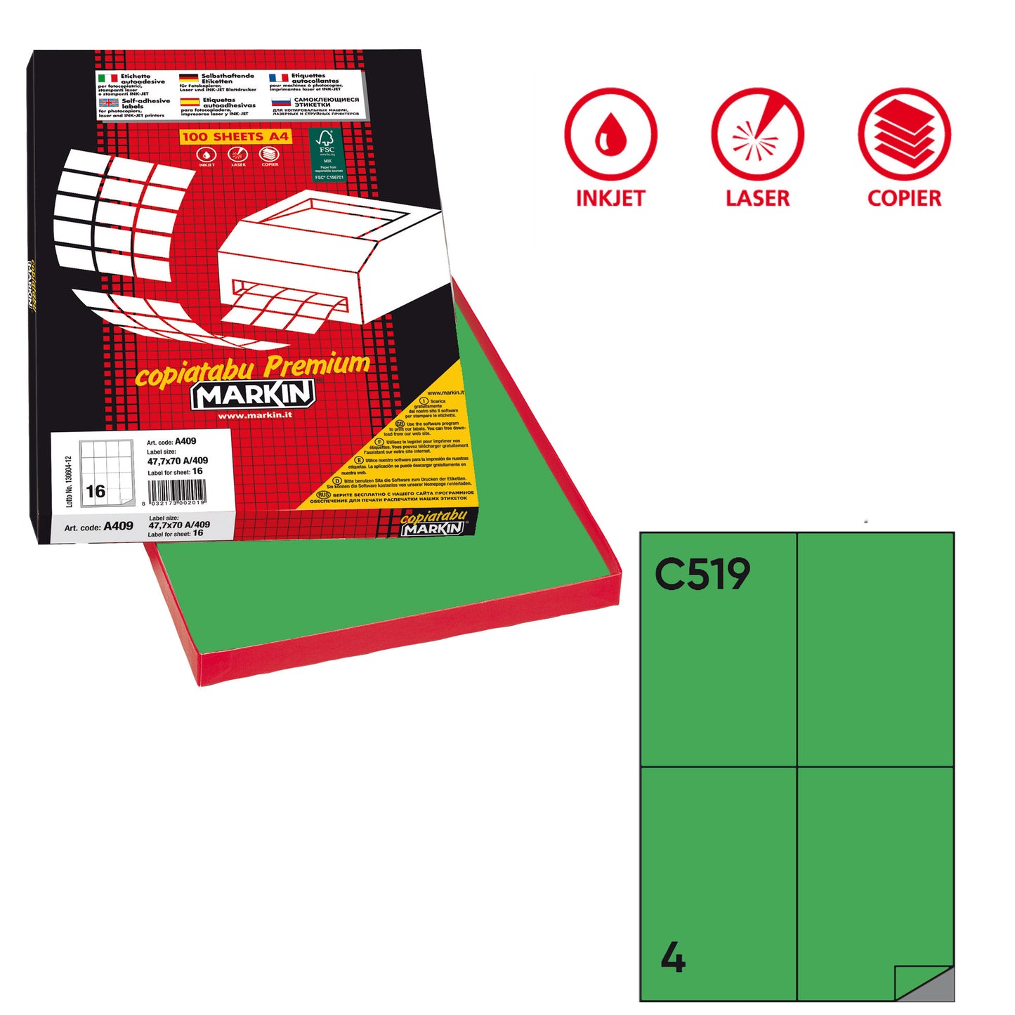Etichette adesive C/519 - in carta - permanenti - 105 x 148,5 mm - 4 et/fg - 100 fogli - verde - Markin