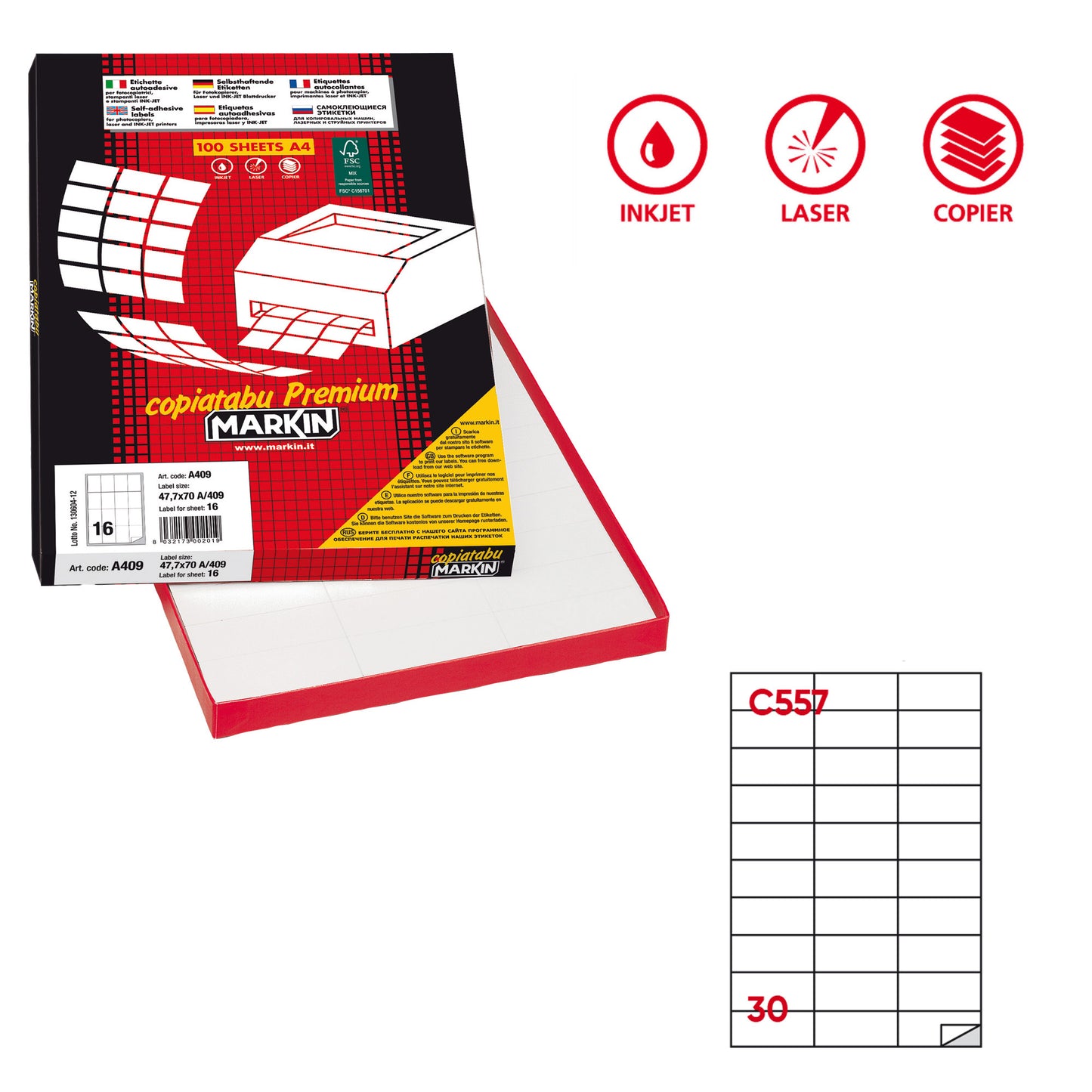 Etichette adesive C/557 - in carta - permanenti - 70 x 297 mm - 30 et/fg - 100 fogli - bianco - Markin