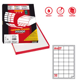 Etichette adesive A/407 - in carta - permanenti - 47,5 x 35 mm - 32 et/fg - 100 fogli - bianco - angoli tondi - Markin