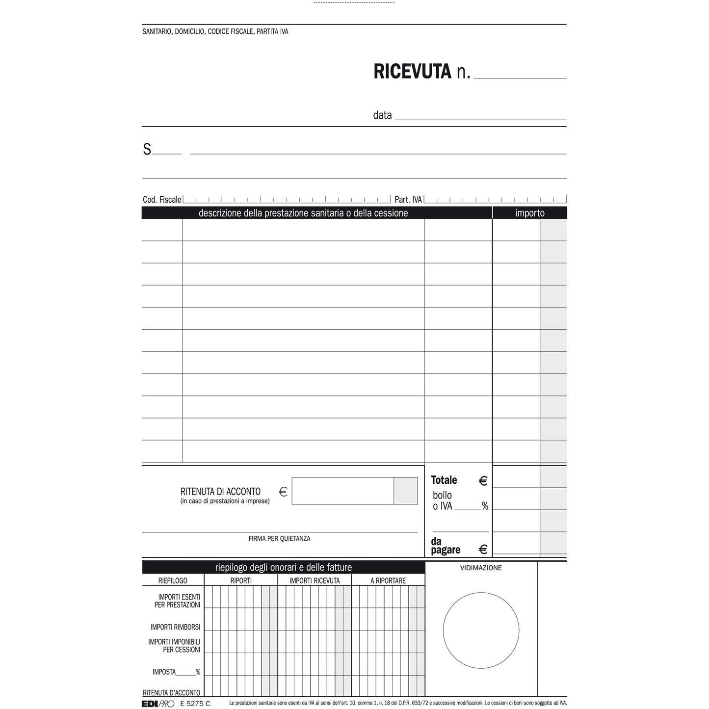 Blocco ricevute sanitarie numerate - 50/50 fogli autoricalcanti - 23 x 15cm - Edipro