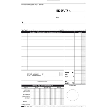 Blocco ricevute sanitarie numerate - 50/50 fogli autoricalcanti - 23 x 15cm - Edipro