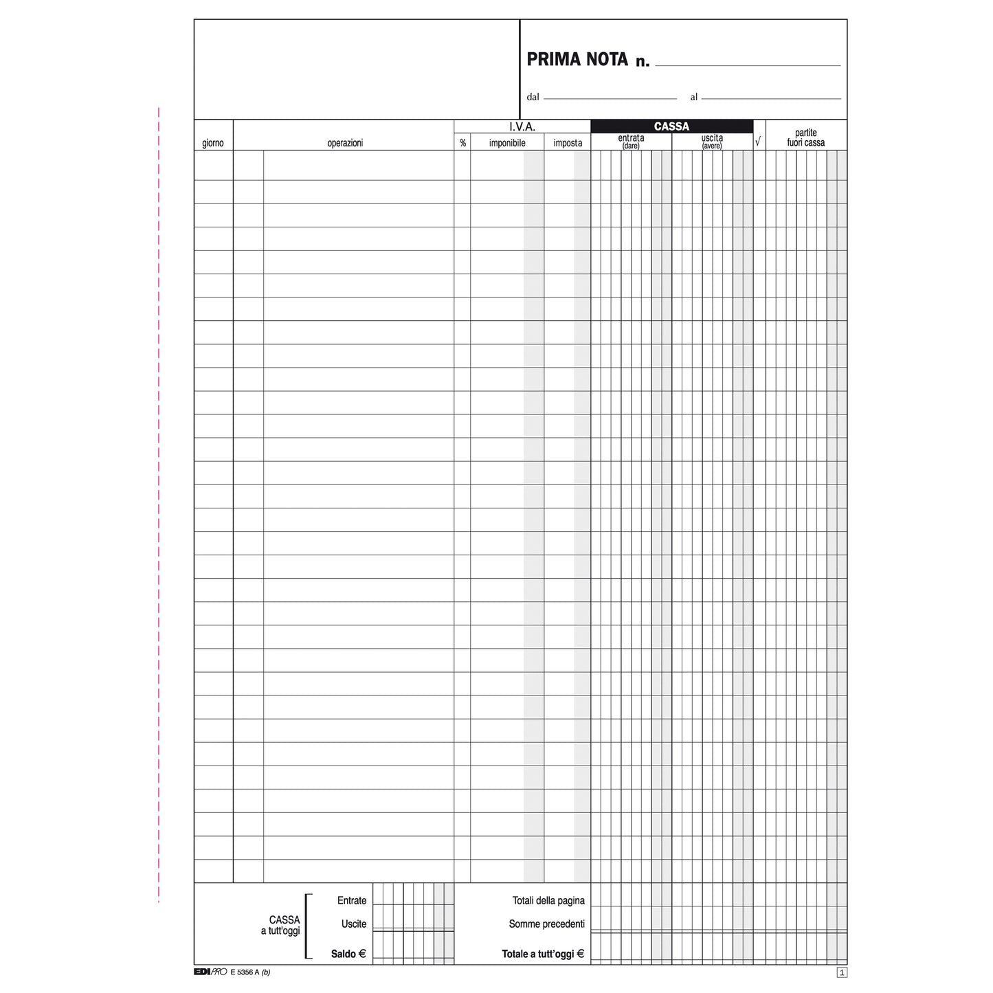 Blocco prima nota cassa entrate/uscite/Iva - 50/50 fogli autoricalcanti - 31 x 21cm - Edipro